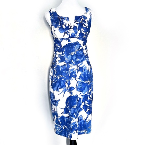 ADRIANNA PAPELL BLUE WHITE FLORAL SHEATH SLEEVELESS LINED KNEE LENGTH DR… - Picture 2 of 16